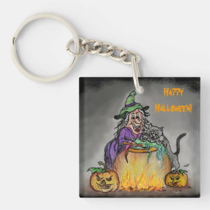 Hexe und Katze, Happy Halloween! Schlüsselanhänger