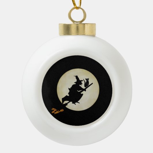 Hexe und Katze Keramik Kugel-Ornament (Vorderseite)