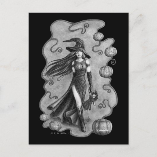 Hexe und Puppe Halloween Postkarte (Vorderseite)