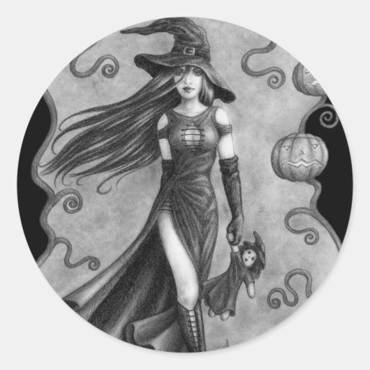 Hexe und Puppe Halloween Runder Aufkleber (Vorderseite)