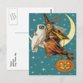 Hexe und Schale auf dem Mond Vintage Postkarte (Vorne/Hinten)