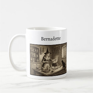 Hexe und schwarze Katze beim Brauen eines Zaubertr Kaffeetasse