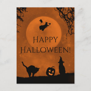 Hexe und schwarze Katze Frohe Halloween Grußkarten Postkarte