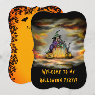 Hexe und schwarze Katze, Frohes Halloween! Einladung