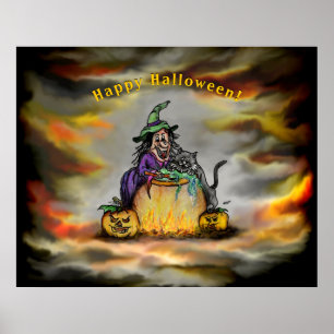 Hexe und schwarze Katze, Frohes Halloween! Poster