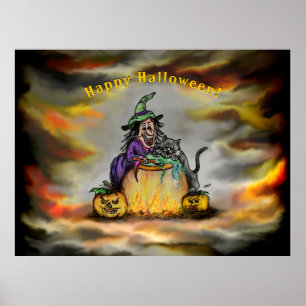 Hexe und schwarze Katze, Frohes Halloween! Poster
