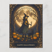Hexe und schwarze Katze Halloween Postkarte (Vorderseite)