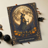 Hexe und schwarze Katze Halloween Postkarte