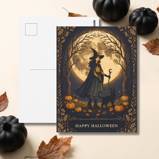 Hexe und schwarze Katze Halloween Postkarte