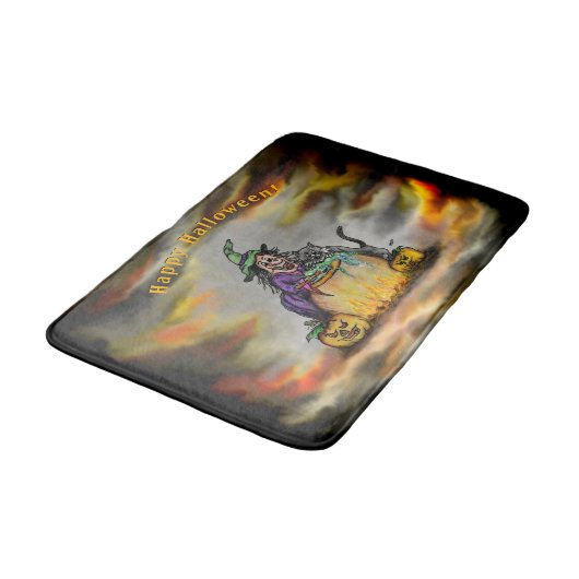 Hexe und schwarze Katze, Happy Halloween! Badematte (Schrägansicht)