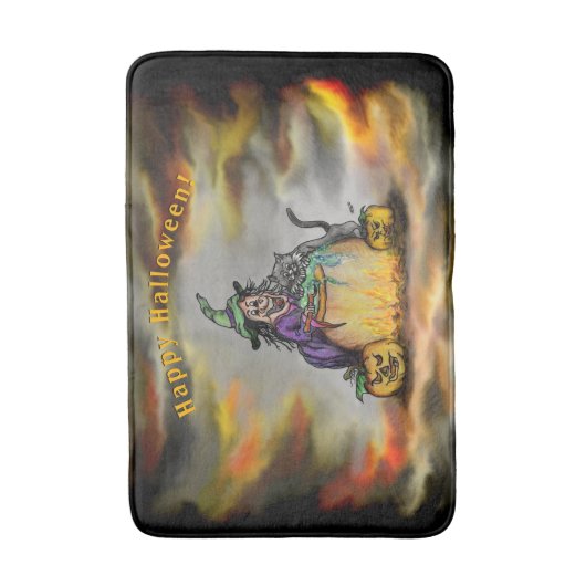 Hexe und schwarze Katze, Happy Halloween! Badematte (Vorderseite Vertikal)