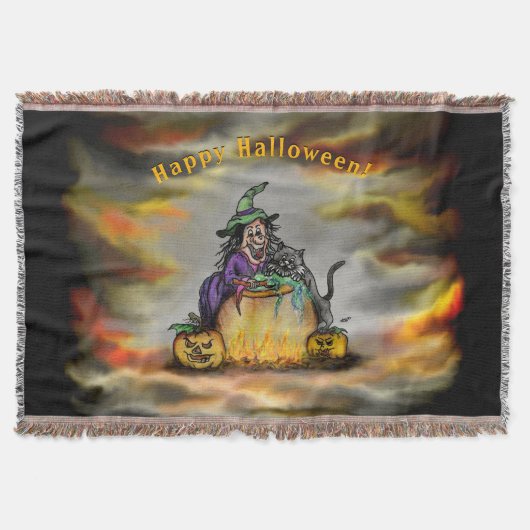 Hexe und schwarze Katze, Happy Halloween! Decke (Vorderseite)
