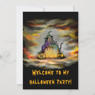 Hexe und schwarze Katze, Happy Halloween! Einladung