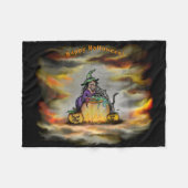 Hexe und schwarze Katze, Happy Halloween! Fleecedecke (Vorderseite (Horizontal))