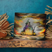 Hexe und schwarze Katze, Happy Halloween! Fotoplatte (Seite)