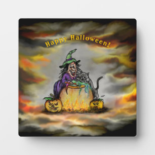 Hexe und schwarze Katze, Happy Halloween! Fotoplatte