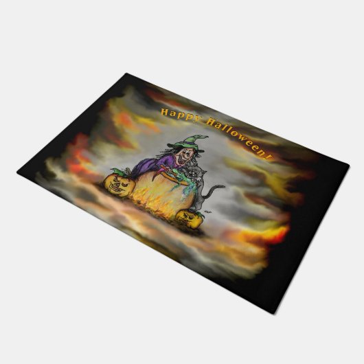 Hexe und schwarze Katze, Happy Halloween! Fußmatte (Schrägansicht)