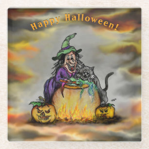 Hexe und schwarze Katze, Happy Halloween! Glasuntersetzer