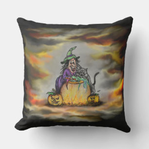 Hexe und schwarze Katze, Happy Halloween! Kissen