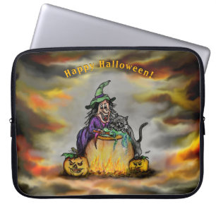 Hexe und schwarze Katze, Happy Halloween! Laptopschutzhülle