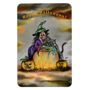 Hexe und schwarze Katze, Happy Halloween! Magnet