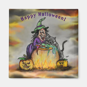Hexe und schwarze Katze, Happy Halloween! Magnet