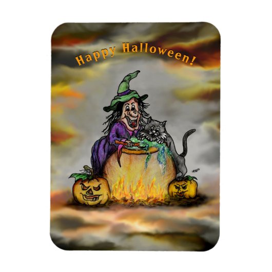 Hexe und schwarze Katze, Happy Halloween! Magnet (Vertikal)