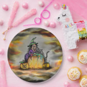 Hexe und schwarze Katze, Happy Halloween! Pappteller (Party)