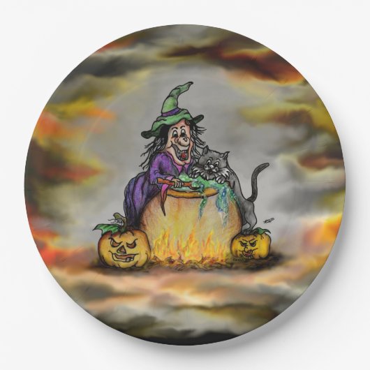 Hexe und schwarze Katze, Happy Halloween! Pappteller (Vorderseite)