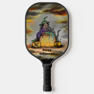 Hexe und schwarze Katze, Happy Halloween! Pickleball Schläger