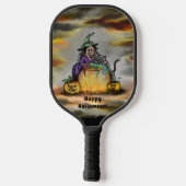 Hexe und schwarze Katze, Happy Halloween! Pickleball Schläger (Rückseite)