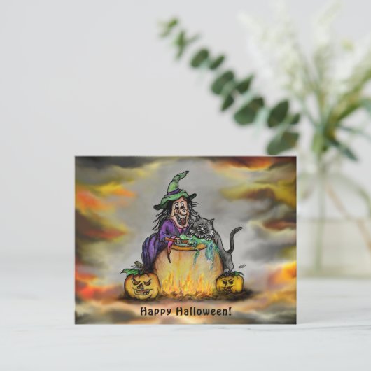 Hexe und schwarze Katze, Happy Halloween! Postkarte (Stehend Vorderseite)