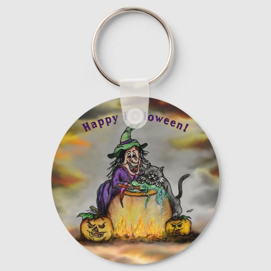Hexe und schwarze Katze, Happy Halloween! Schlüsselanhänger (Vorderseite)