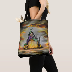 Hexe und schwarze Katze, Happy Halloween! Tasche