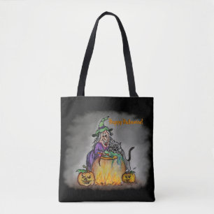Hexe und schwarze Katze, Happy Halloween! Tasche