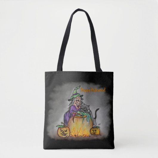 Hexe und schwarze Katze, Happy Halloween! Tasche (Vorderseite)
