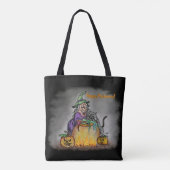 Hexe und schwarze Katze, Happy Halloween! Tasche (Rückseite)
