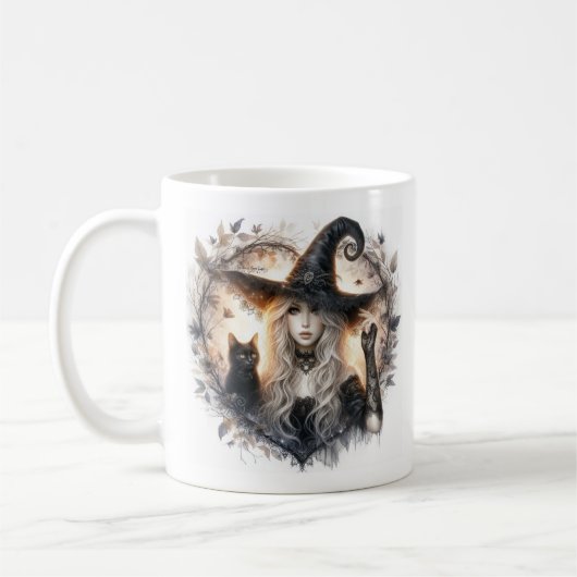 Hexe und schwarze Katze Kaffeetasse (Links)