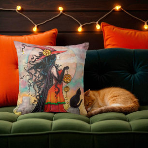 Hexe und schwarze Katze Kissen für Halloween