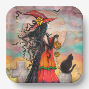 Hexe und Schwarze Katze Kunst von Molly Harrison Pappteller