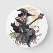 Hexe und Schwarze Katze mit Erntemond und Ravens Runde Wanduhr (Vorderseite)