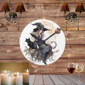 Hexe und Schwarze Katze mit Erntemond und Ravens Runde Wanduhr
