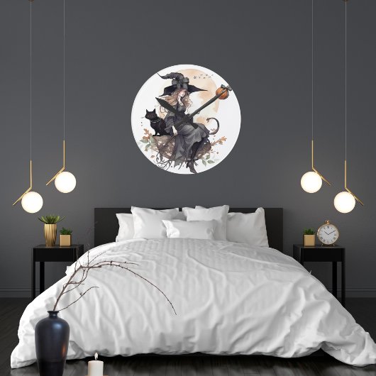 Hexe und Schwarze Katze mit Erntemond und Ravens Runde Wanduhr
