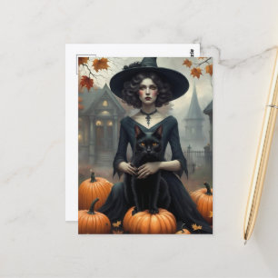 Hexe und schwarze Katze mit Kürbissen Postkarte
