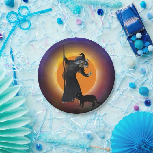 Hexe und schwarze Katze mit Orange Moon Pappteller (Party)