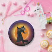 Hexe und schwarze Katze mit Orange Moon Pappteller (Party)