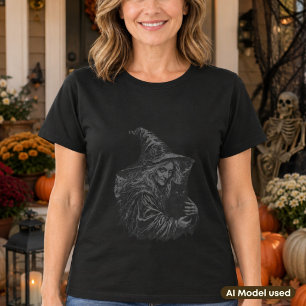 Hexe und schwarze Katze Vintage-Gothic-Porträt  T-Shirt