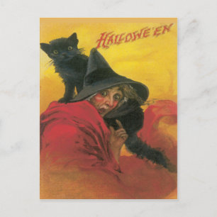 Hexe und schwarze Katze Vintage-Postkarte Postkarte
