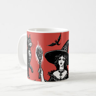 Hexe und schwarze Katzen Illustration mit Hexenthe Kaffeetasse
