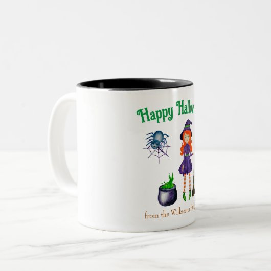 Hexe und Spider Individuelle Name Halloween Zweifarbige Tasse (Vorderseite Links)